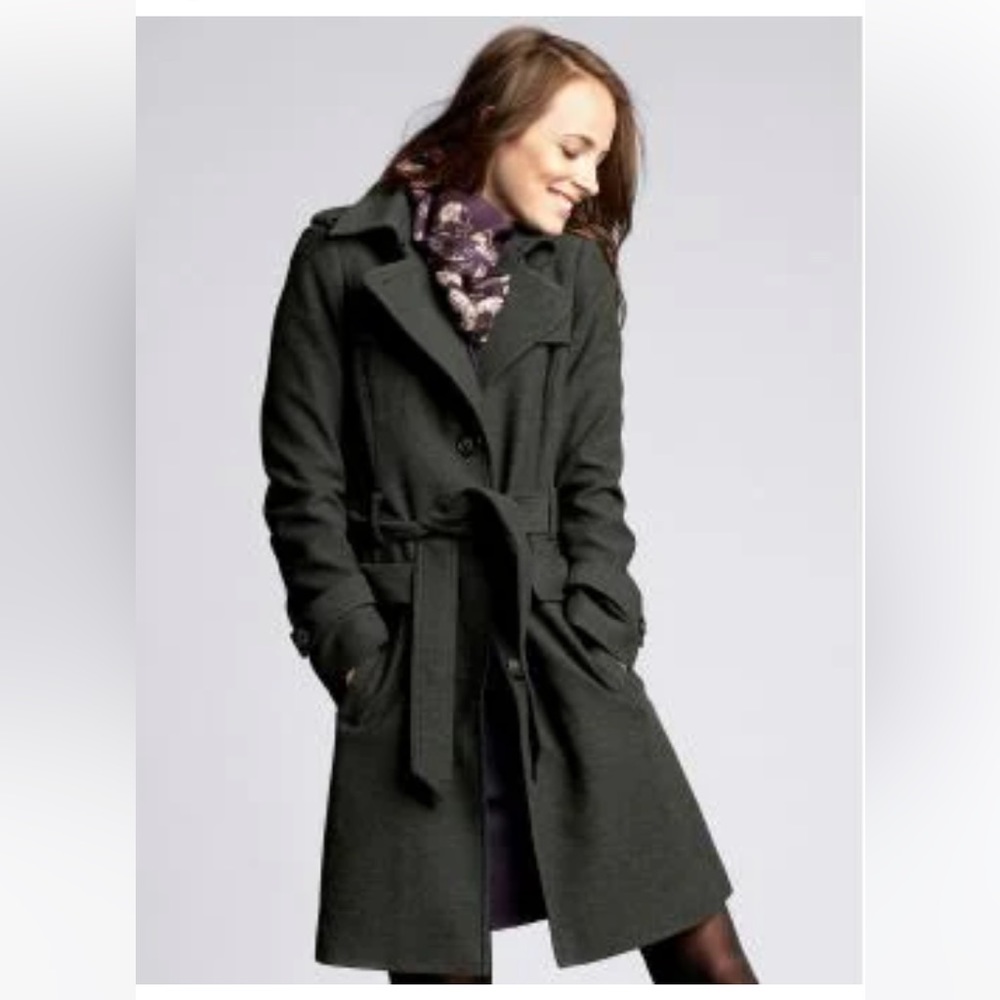BANANA REPUBLIC Long Wool Blend Trench Coat Dark Green Size M Single-Breasted